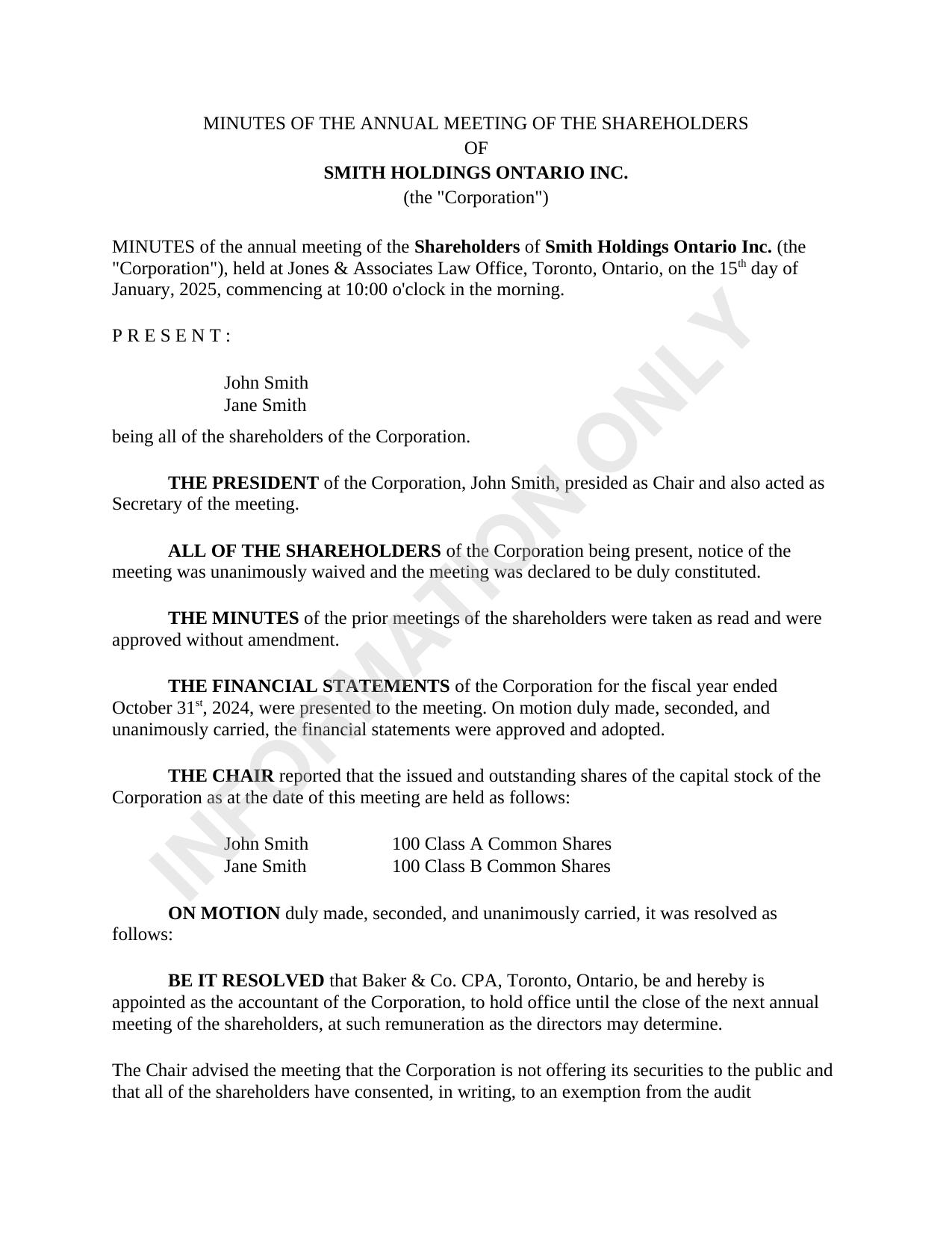 Sample — Minutes of Annual Meeting of Shareholders
