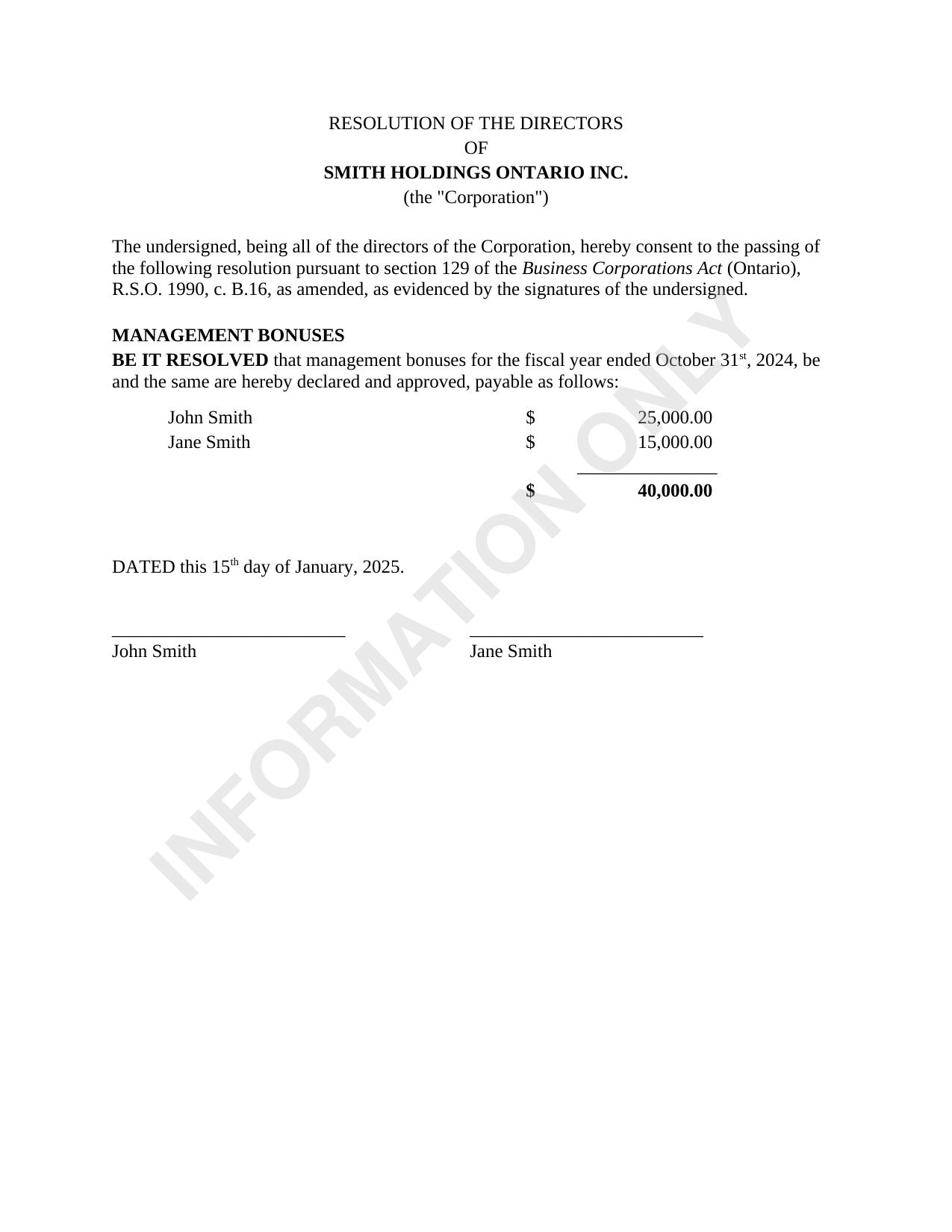 Sample — Management Bonus Resolution